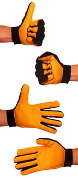 Series of hand with yellow glove, isolated against background