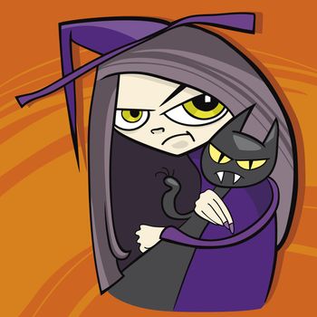 cartoon illustration of funny witch with black cat