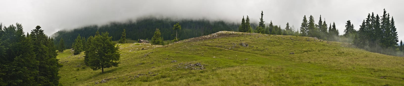 Panorama background in Carpathians. Beautiful mountains and landscape in Romania.