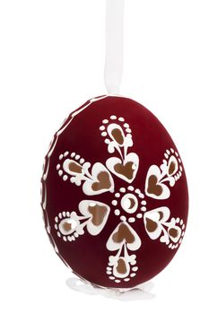 wine red hanging hand painted easter egg on white background