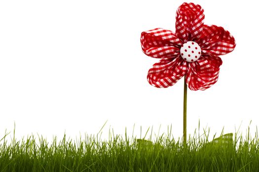 red drapery flower with grass on white background