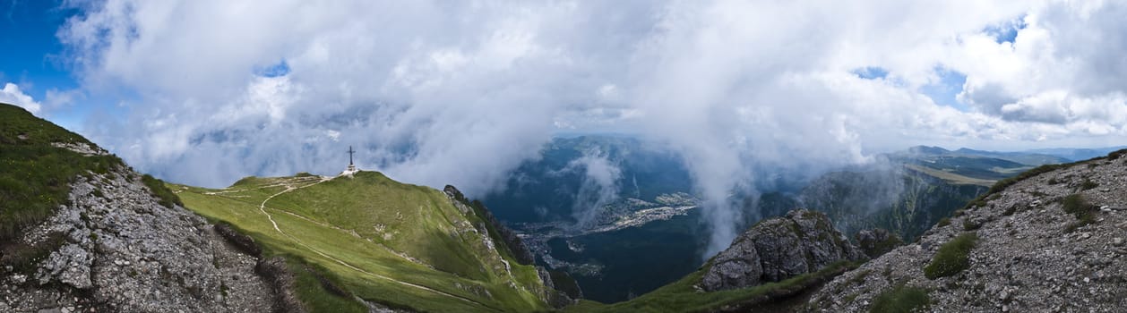 Panorama background in Carpathians. Beautiful mountains and landscape in Romania.