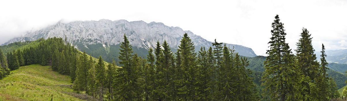 Panorama background in Carpathians. Beautiful mountains and landscape in Romania.