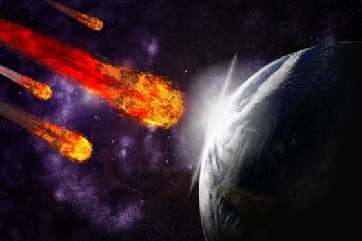 Asteroid and earth planet on starfield abstract background. Illustration meteor impact.