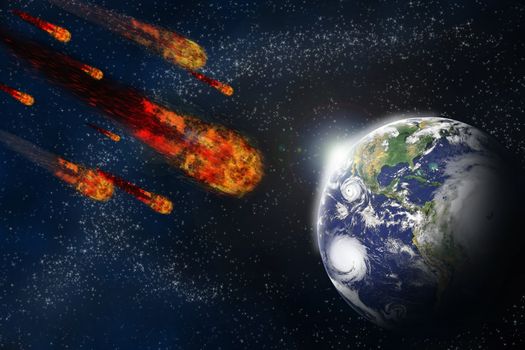 Asteroid and earth planet on starfield abstract background. Illustration meteor impact.