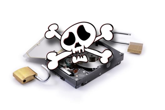 Death'head above hard disk with protection broken on a white background and two padlocks