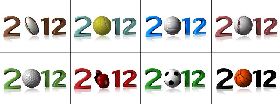 Eight 2012 sport designs on white background with a little reflection
