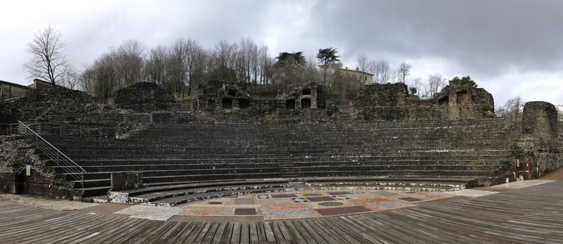 Panoramic view of an old Roman theatre in Lyon city