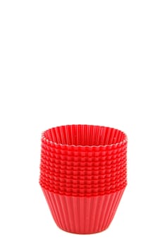 pile of red plastic cups isolated on white background