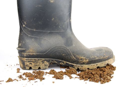 one muddy farmer boot and soil isolated on a white background