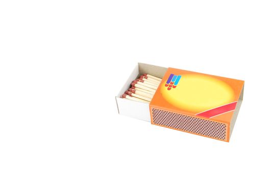opened box of red matches isolated on white background