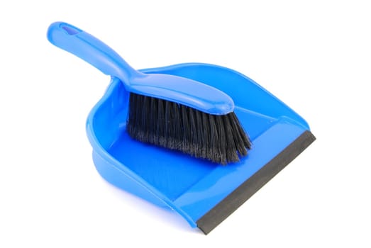 blue dustpan and brush isolated on white background