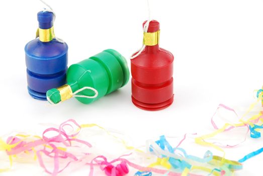 colorful party poppers isolated on white background