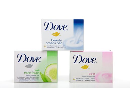 Dove beauty cream  soap bars.  Original, Pink and Go Fresh Touch.  Manufactured by Unilever.  White background, Editorial use only.