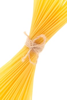 Spaghetti close-up isolated on white background (with space for text)