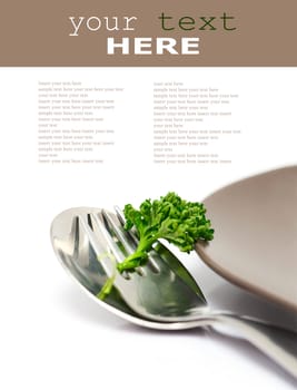 Parsley with fork and spoon isolated on a white background (with sample text)