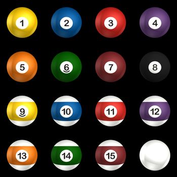 Billard balls pack 3d rendering pool