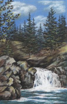 Picture, Russia, mountain Altay river with falls, drawing a pastel on a cardboard