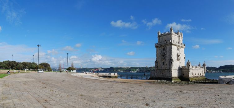 panoramic view of Belem Tower, one the most famous landmark in the city of Lisbon (Portugal)

