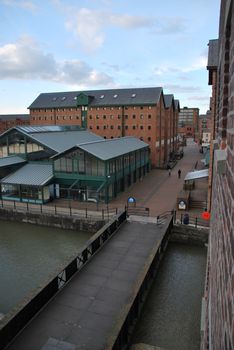 beautiful Gloucester docks with typical warehouse buildings (sunset picture)