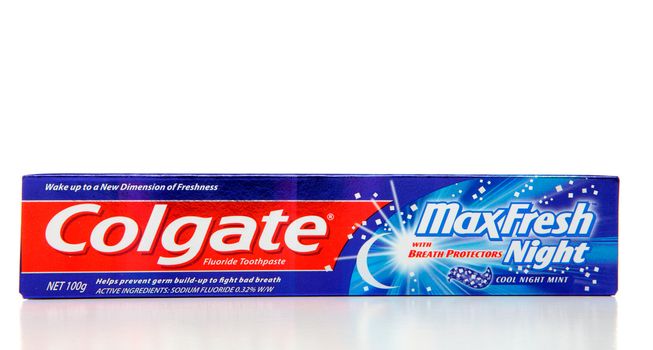Colgate Max Fresh Night, cool mint fluoride toothpaste 100g.  Colgate has been around since 1806. White background.  Editorial Use Only.