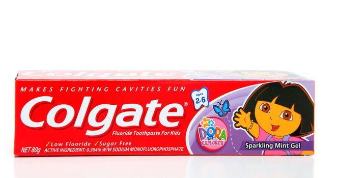 Colgate toothpaste sparkling mint gel for children ages 2 to 6 years old.  Low in fluoride and low in sugar.  White background.  Editorial use only. 