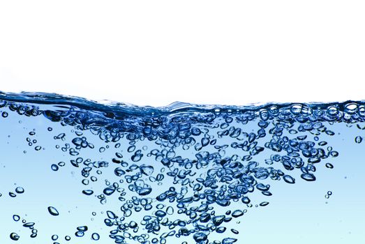 Isolated blue water splashing with bubbles and water drops - abstract blue background environmental theme