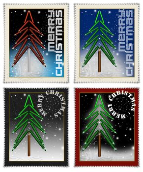 Four stamps with christmas tree and written merry christmas