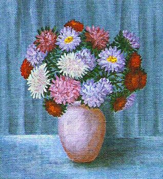 Flowers, bouquet of asters in a pot, picture oil paints on a canvas