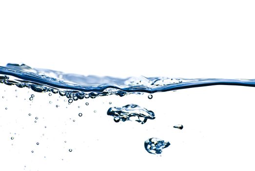 Isolated blue water splashing with bubbles and water drops - abstract blue background environmental theme