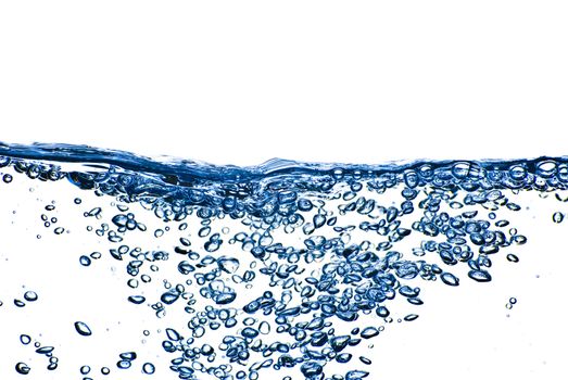 Isolated blue water splashing with bubbles and water drops - abstract blue background environmental theme