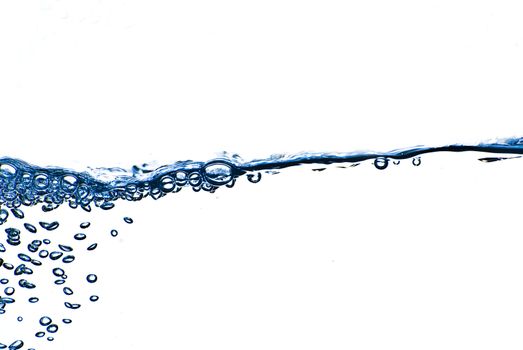 Isolated blue water splashing with bubbles and water drops - abstract blue background environmental theme