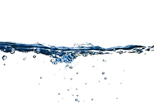 Isolated blue water splashing with bubbles and water drops - abstract blue background environmental theme