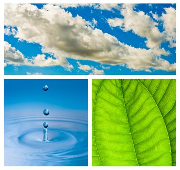 Environmental theme abstract background - gray clouds and blue sky, green leaf with rain drop, blue water drop splash in water.