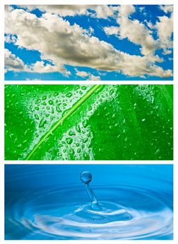 Environmental theme abstract background - gray clouds and blue sky, green leaf with rain drop, blue water drop splash in water.