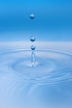 Clean blue drop of water splashing in clear water. Abstract blue environmental background.