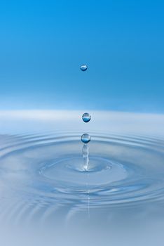 Clean blue drop of water splashing in clear water. Abstract blue environmental background.