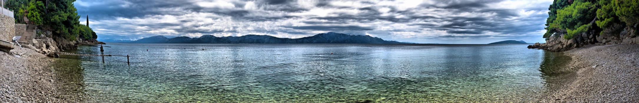  Scenic panorama view of the mountains, clouds and sea in Croatia. HDR nature background.