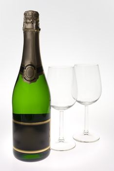 Merry Christmas and happy New year. Pair of champagne flutes making a toast, isolated on white background.