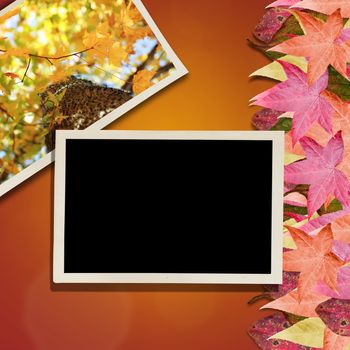 Vintage photos over a background with colorful autumn leaves. Room for copy space.