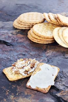 Blue cheese spread served with a variety of crackers.