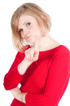 Portrait of beautiful woman in red isolated on white