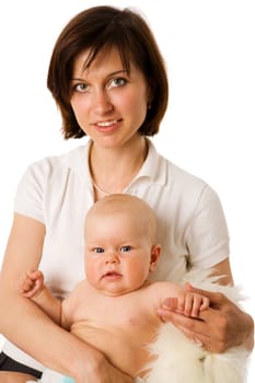 Mother with baby happy together isolated on white