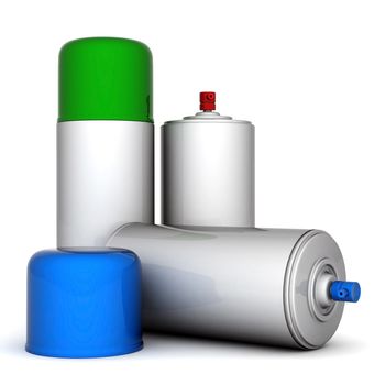 Image of aluminum spray cans of paint on a white background