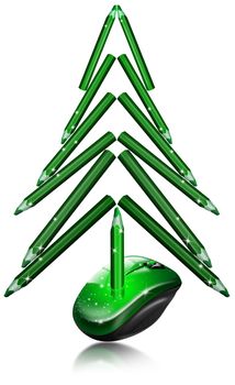 Mouse and pencils forming a green christmas tree on a white background