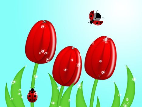 Red Ladybug Climbing Up Tulip Flower Stem Illustration