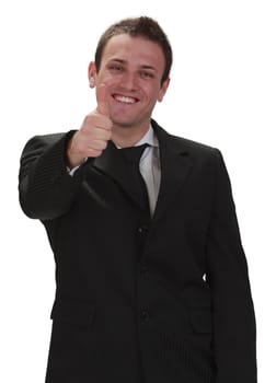 Happy businessman with thumb up isolated agaisnt a white background.