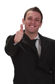 Happy businessman with thumb up isolated agaisnt a white background.Selective focus on the thumb.