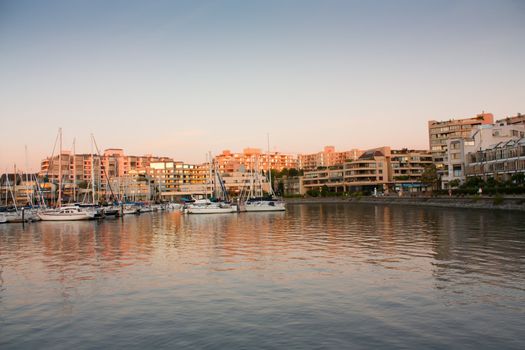 Yachts in the harbor in Vancouver in evening.