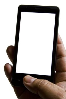 A smartphone operated by one hand on white background with copy space